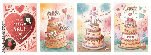 Set of four posters featuring vibrant cakes with discounts and hearts