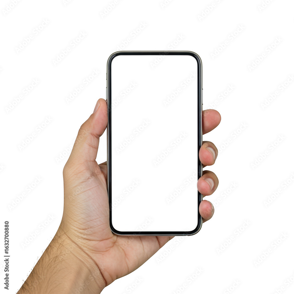 A human hand firmly grips a modern smartphone displaying a blank gray screen against a dark backdrop isolated on transparent background