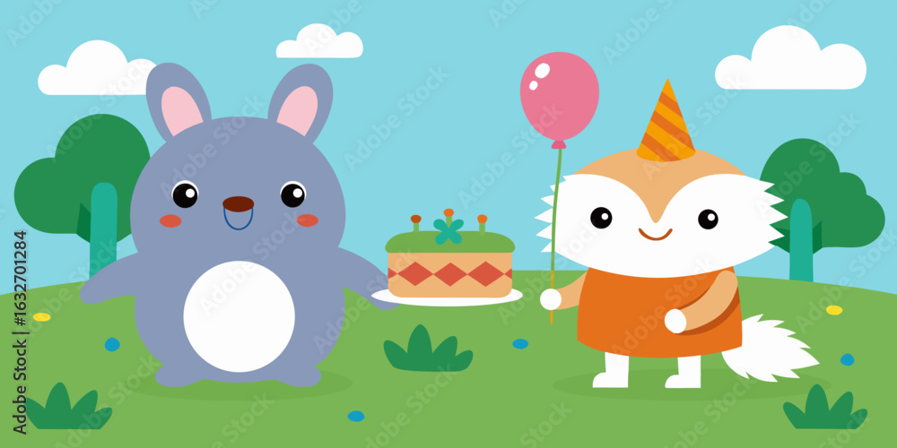 Naklejka premium hedgehog rabbit garden birthday cute scene