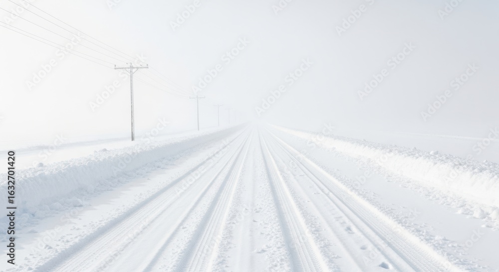 Obraz premium Empty Snowy Road in Thick Fog Leading to Horizon