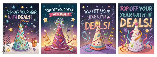 Set of four posters with vibrant holiday illustrations and festive designs