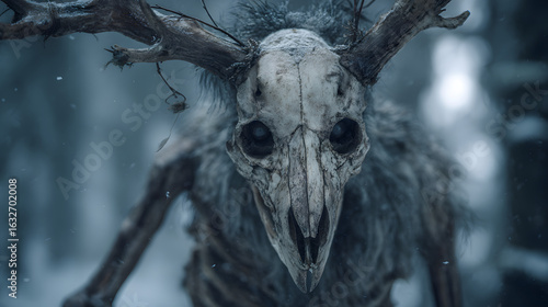 Sinister Wendigo Forest Creature with Antlers and Skull Face Emerging from the Snowy Woods in a Dark Folklore Horror Scene