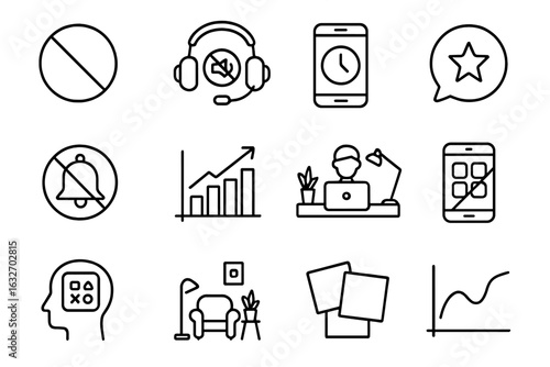 Focus Line Icons. Line style icons of focus and productivity: do not disturb icon, noise-canceling headset, timer app,