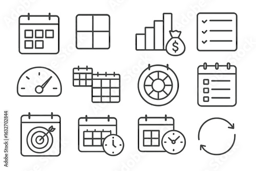 Monthly Goals Icons. Line style icons of monthly goals and time: monthly planner page, 4-week grid, habit bar, savings goal with