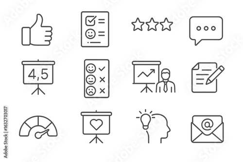 Presentation Feedback Icons. Line style icons of presentation feedback: thumbs up icon, feedback form, survey stars, comment