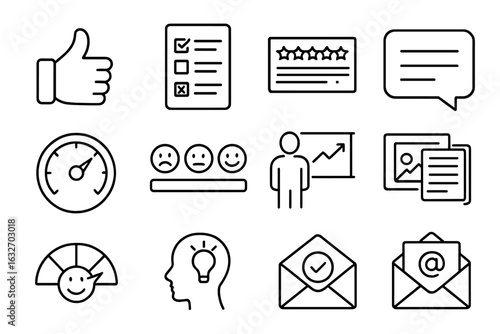 Presentation Feedback Icons. Line style icons of presentation feedback: thumbs up icon, feedback form, survey stars, comment