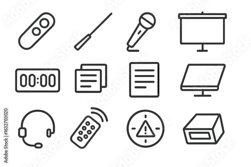 Presenter Tools Icons. Line style icons of presenter tools: presentation clicker, pointer laser, speaker mic, presenter screen,