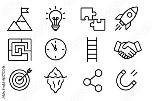 Line Style Icons. Line style icons of visual metaphors in slides: mountain goal, lightbulb idea, puzzle fit, rocket growth, maze