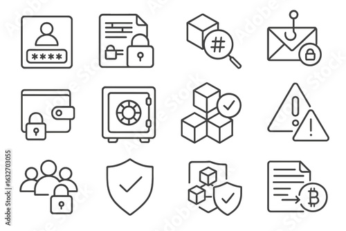 Blockchain Security Icons. Line style icons of blockchain security: 2FA login, ledger encryption, hash verification, anti-phishing