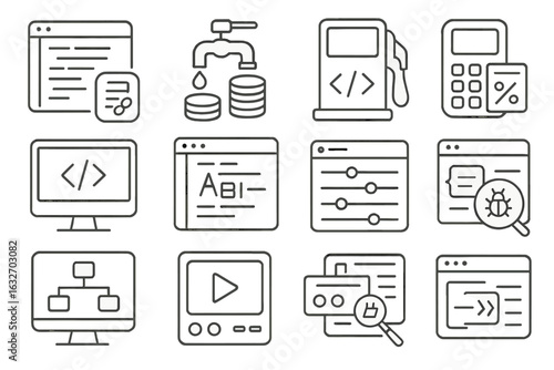 Blockchain Tools Icons. Line style icons of blockchain development tools: smart contract editor, testnet faucet, gas estimator,