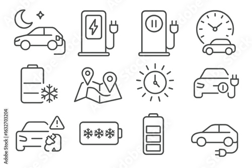 EV Charging Icons. Line style icons of EV charging behavior: overnight charging, fast charge icon, charge pause button, scheduled