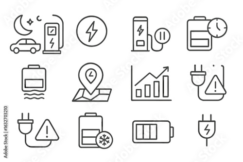 EV Charging Icons. Line style icons of EV charging behavior: overnight charging, fast charge icon, charge pause button, scheduled