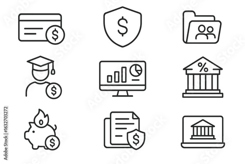 Bank Account Icons. Line style icons of bank account types: checking account icon, savings account badge, joint account folder,