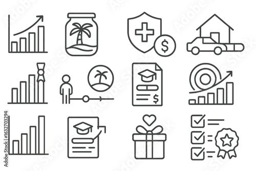 Financial Goals Icons. Line style icons of financial goal categories: short-term goal chart, vacation saving jar, emergency fund