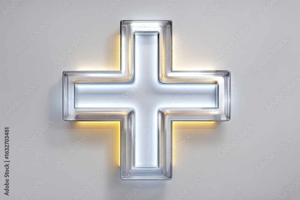 Obraz premium Art design White background Modern Object, symbol minimalism neon sign cross, unique view, studio shooting without unnecessary objects 