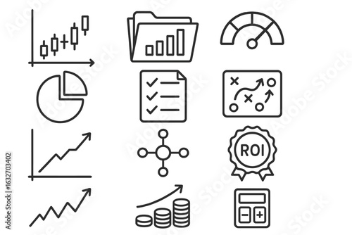 Investment Basics Icons. Line style icons of investment basics: stock market chart, investment portfolio folder, risk meter icon,