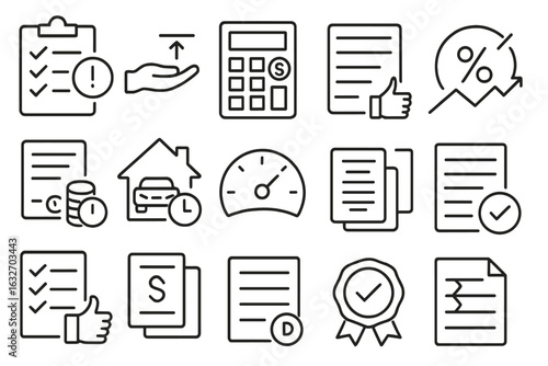 Responsible Borrowing Icons. Line style icons of responsible borrowing: loan need checklist, borrowing limit icon, repayment