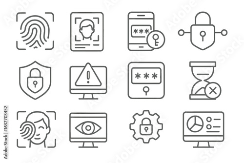 Digital Security Icons. Line style icons of digital finance security: fingerprint login icon, facial recognition badge, 2FA code
