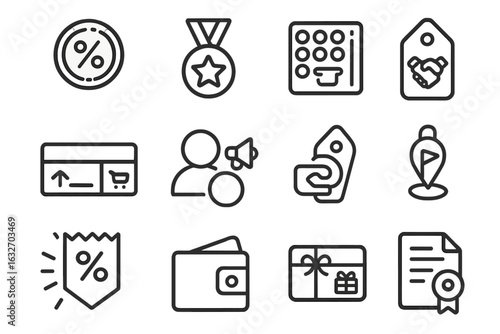 Line Style Rewards Icons. Line style icons of rewards and cashback: cashback percentage icon, reward level badge, bonus point