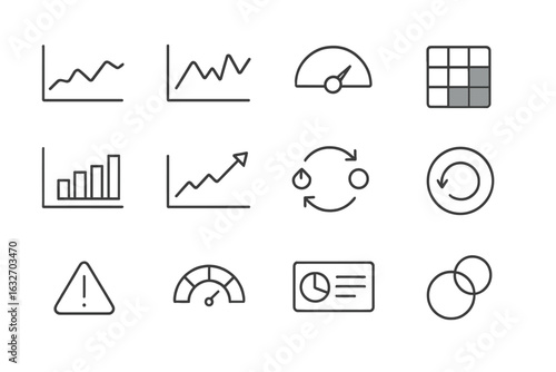Financial Insights Icons. Line style icons of balance insights and analytics: daily balance line chart, weekly fluctuation graph,
