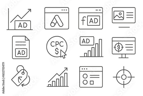Advertising Platform Icons. Line style icons of paid advertising platforms: PPC ad graph, Google Ads dashboard, Facebook ads panel