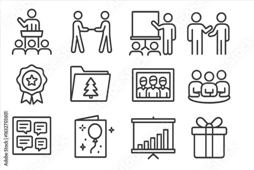 Corporate Event Icons. Line style icons of corporate events in office: townhall speech icon, team building game, internal workshop