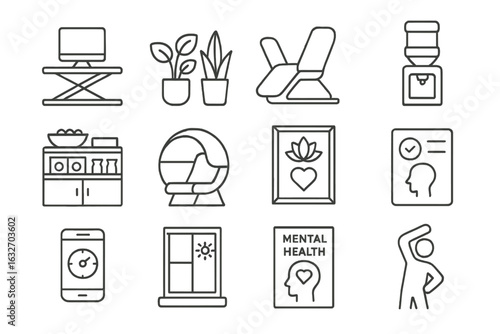 Work-Life Balance Icons. Line style icons of work-life balance office items: standing desk converter, indoor plants, relaxation