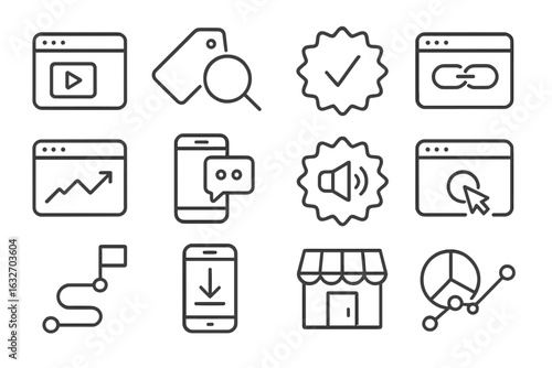 Customer Acquisition Icons. Line style icons of customer acquisition channels: paid ad icon, organic search tag, email signup