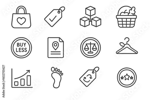 Eco-Friendly Icons. Line style icons of responsible consumption: conscious shopping bag, ethical brand tag, minimalism icon, local