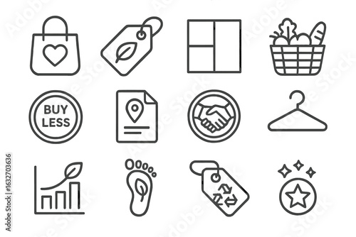 Eco-Friendly Icons. Line style icons of responsible consumption: conscious shopping bag, ethical brand tag, minimalism icon, local