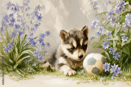 Cute puppy raccoon playing with a ball among the bluebell flowers, a country house, summer, sunlight, pastel colors, a retro picture from 1900, cartoon style, unique view 
