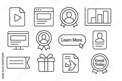 Course Marketing Icons. Line style icons of course marketing visuals: teaser video file, course intro page, student testimonial