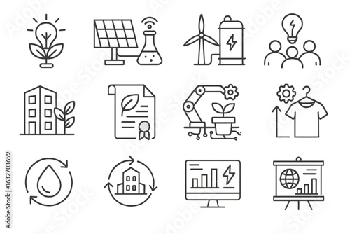Renewable Innovation Icons. Line style icons of renewable innovation projects: green tech startup icon, solar grid experiment,