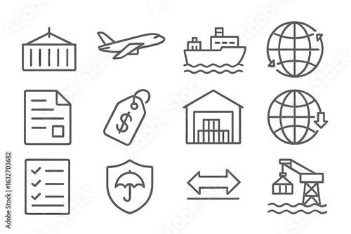 Global Shipping Icons. Line style icons of global shipping and freight: international container icon, freight airplane, ocean