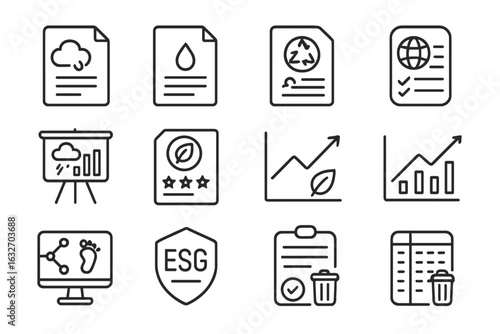 Environmental Report Icons. Line style icons of environmental impact reports: carbon report file, water usage log, life cycle