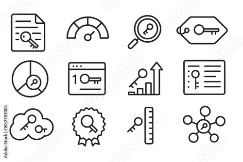 Keyword Strategy Icons. Line style icons of keyword strategy: keyword list file, keyword difficulty meter, search volume icon,
