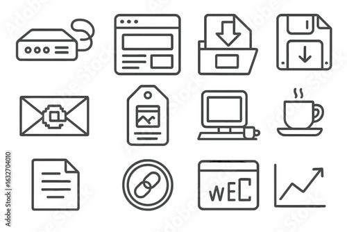 Retro Internet Icons. Line style icons of internet history: dial-up modem icon, early browser screen, web 1.0 layout, floppy disk