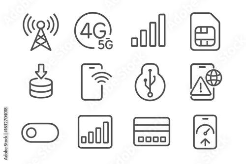 Mobile Internet Icons. Line style icons of mobile internet: cellular tower, 4G/5G icon, mobile network bars, SIM card badge, data