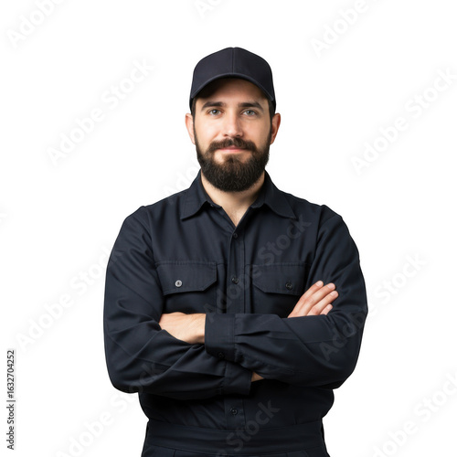 A confident bearded man wearing a dark uniform and cap stands with his arms crossed isolated on transparent background