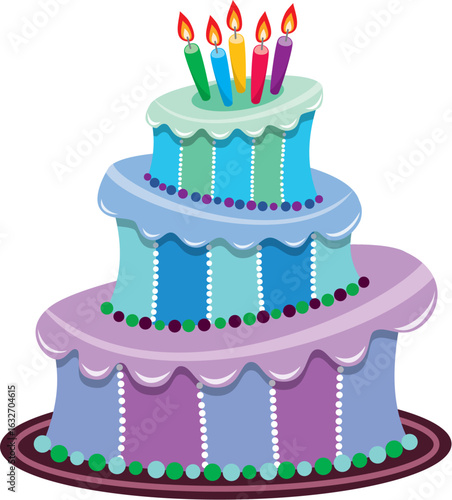 vector big birthday cake with burning candles