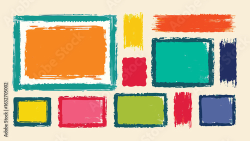 Colorful Hand-Drawn Grunge Rectangles and Squares, Abstract Childish Style Textured Shapes Set for Frames, Backgrounds, and Template Design