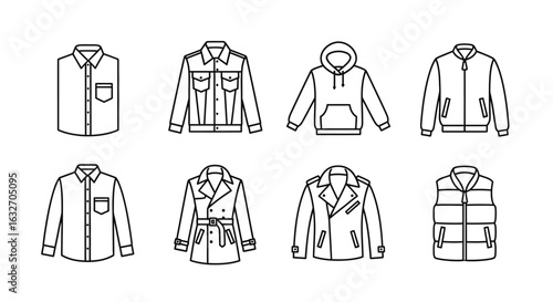 Iconic Clothing Outlines: A Set of Vector Illustrations for Fashion Design Projects, Essential Outerwear and Tops in Minimalist Line Art Style for Commercial Use