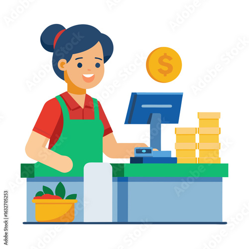 Smiling cashier at checkout counter with money and produce on white background Keywords: cashier, woman, checkout, counter, grocery store, supermarket, retail, shopping, money, coin, cash register