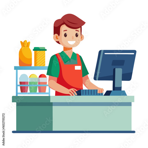 Smiling young male cashier at a checkout counter with a computer and products screen