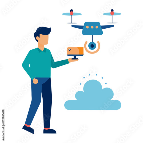 Man holding a drone camera with a drone flying above and a cloud icon technology aerial