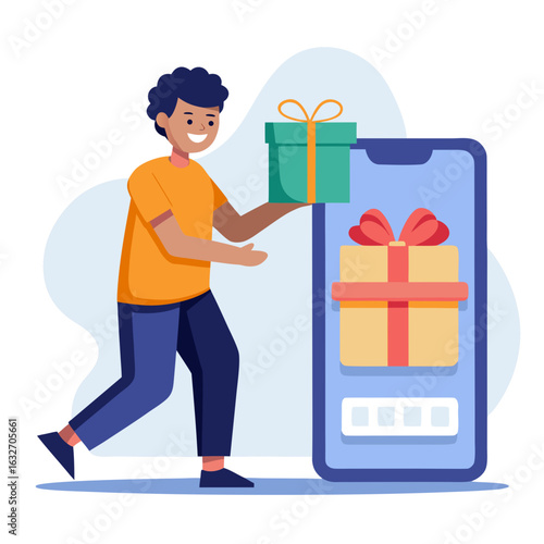 Person receiving gift from mobile phone online shopping Keywords: gift, present, mobile, phone, shopping, online, delivery, receiving, person, man, illustration, technology, digital, e-commerce