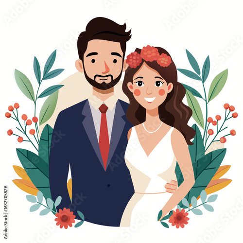 Bride and groom posing for a portrait surrounded by floral elements wedding couple