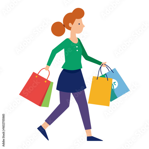Cartoon illustration of a woman walking with shopping bags on a white background carrying bags
