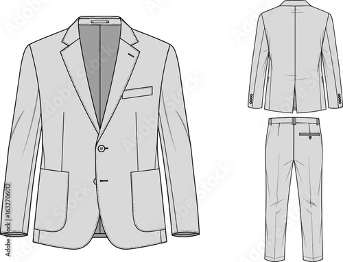 Cad drawing of men’s suit, front and back view, tailored jacket with pockets, trousers with crease, fashion garment sketch