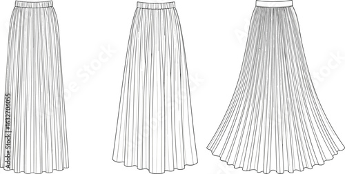 CAD drawing of pleated skirts, three styles, narrow, wide, flared pleats, waistband detail, fashion sketch, garment design, vector illustration